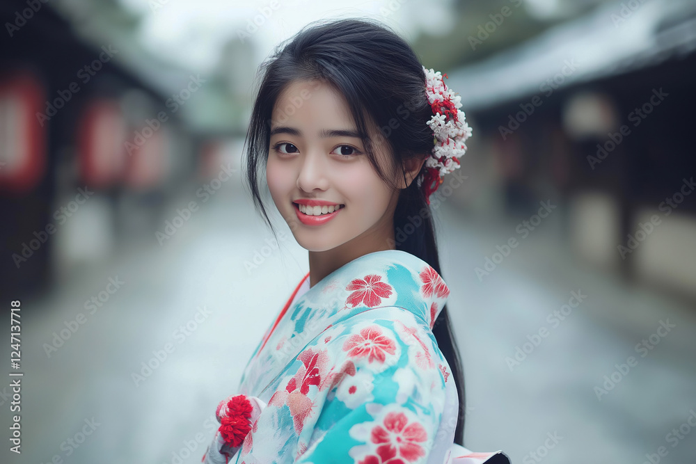 Young woman in colorful kimono smiles in traditional Japanese setting on a rainy day Young woman in colorful kimono smiles in traditional Japanese setting on a rainy day