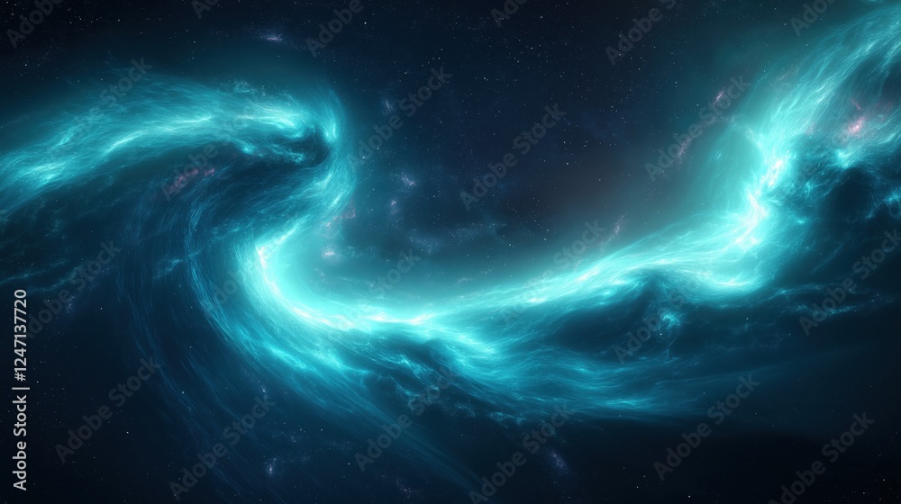 Swirling teal aurora with glowing cosmic waves in deep space background
