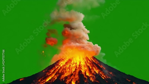 Vivid contrast between the fiery eruption and the calm deep green surrounding it. Green screen chromakey