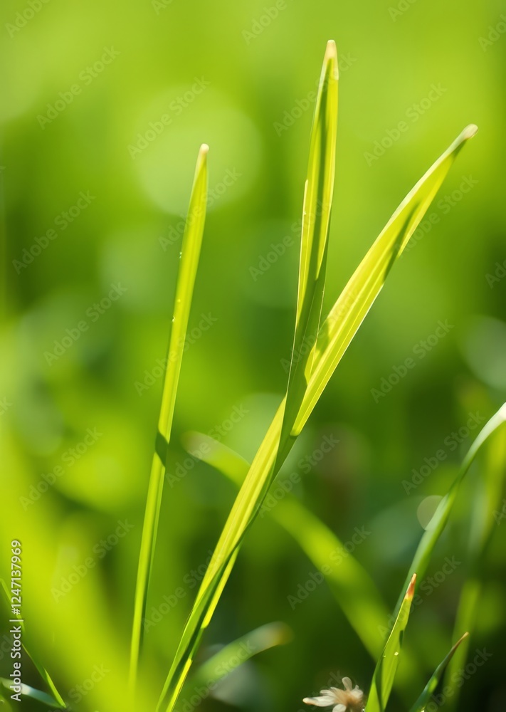 Obraz premium Macro green summer grass blades details on bokeh very blurred vibrant background eco natural fresh weed on shining lawn background for web print etc bokeh green bokeh green abstract background light b