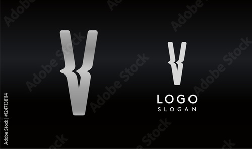 Stylized letter V with sharp, abstract cuts like bullet passing trail through letter for modern sleek logo design, creative agencies branding, tech startup, corporate identity. Vector illustration.