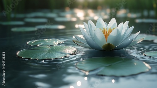 Large green lily pads floating on calm water in a tranquil natural setting du...
