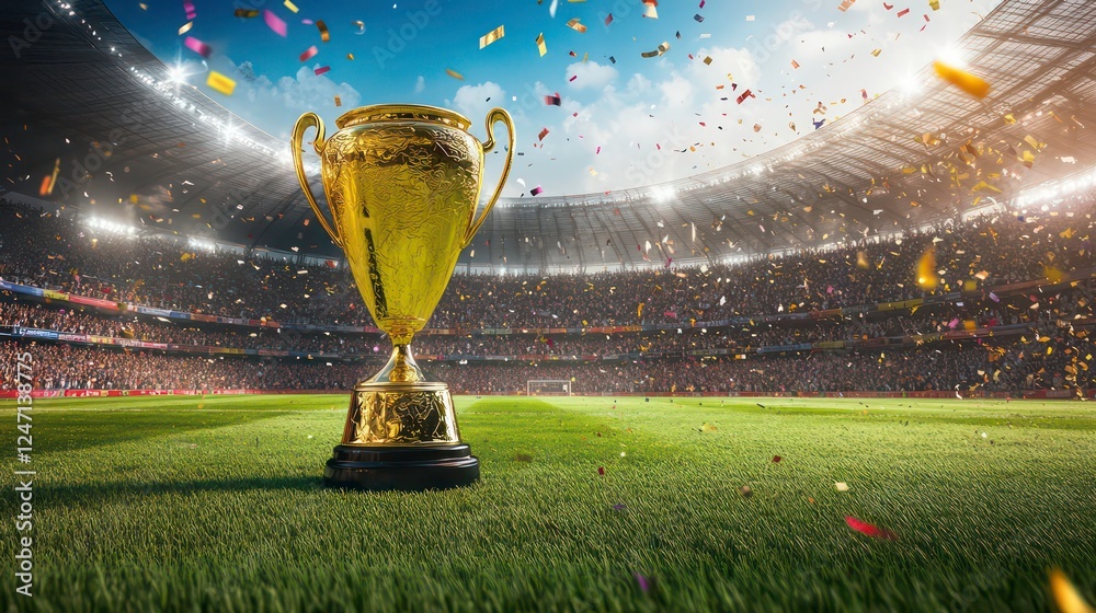 custom made wallpaper toronto digitalA vibrant scene featuring a golden trophy on a soccer field, with a stadium full of cheering fans and confetti falling from the sky, capturing the excitement of victory