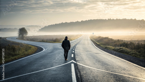Road Splits in Two in front of Person Walking, Life Choices and Decision Making, Bifurcation 