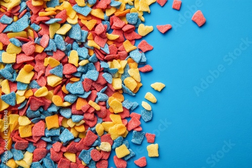 Colorful confetti scattered across a bright blue surface for celebration them...