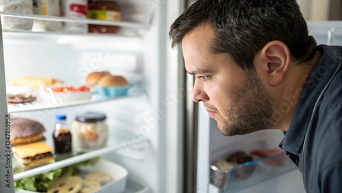 Man Staring into Fridge Refrigerator, Binge-eating, Eating Disorder, Bulimia, Craving and Overeating, Eating at Night, Obese and Obesity, Overweight and Diet 