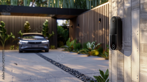 Focus in on a smart doorbell that looks exactly like a ring doorbell right hand side have car the background. photo