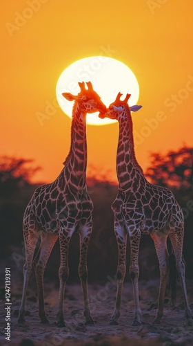 Two giraffes share a moment against a vibrant sunset in the savanna landscape
