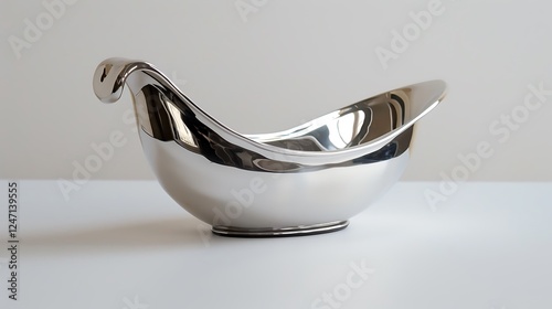 A polished silver gravy boat on a white background