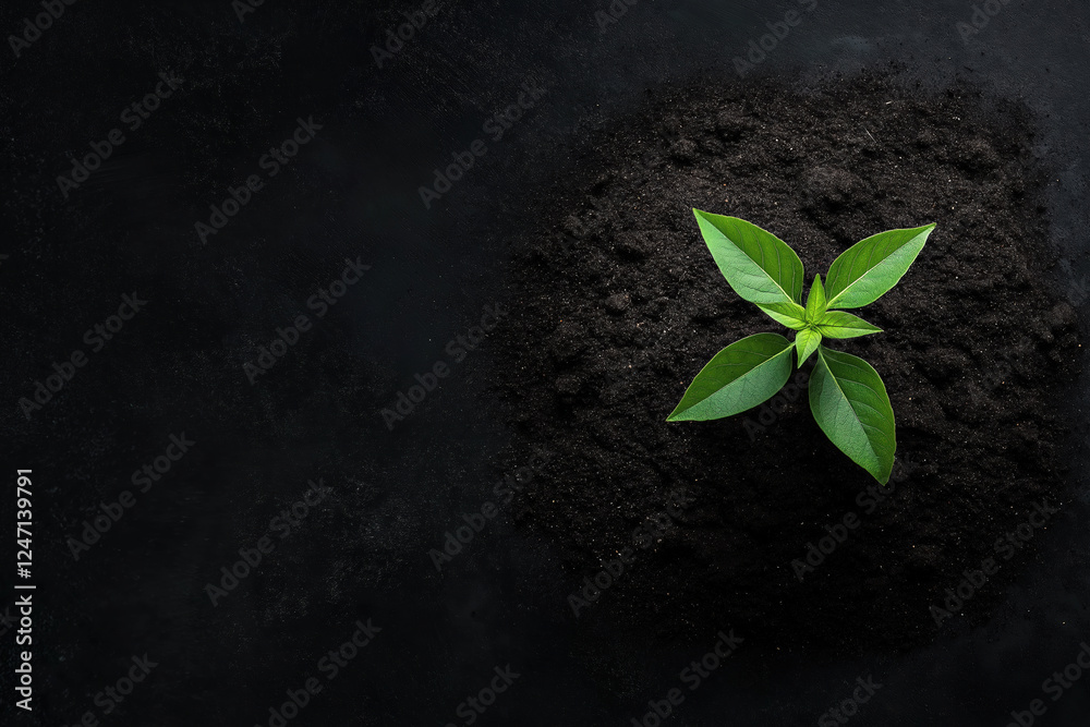 Naklejka premium New plant sprouting from rich soil in dark setting during daytime