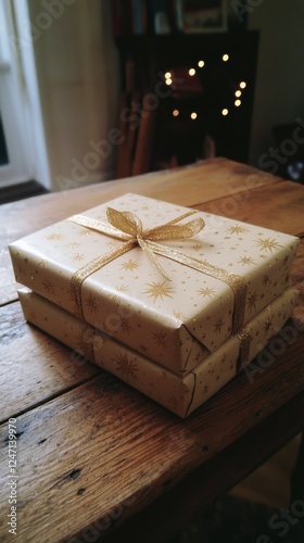 Two elegantly wrapped gifts with gold polka dots and bows rest on a warm wood...