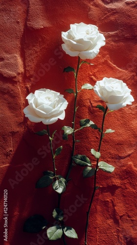Elegant white roses arranged against a vibrant red background displaying natu...