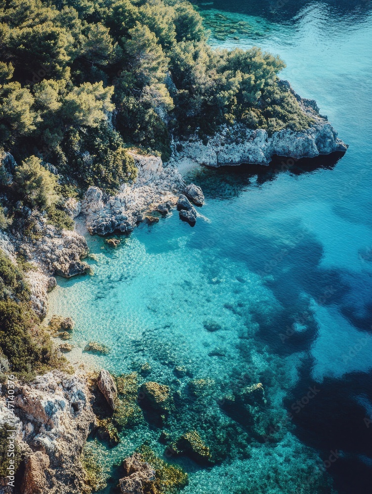 Scenic view of tropical coastline with clear blue water and rocky cliffs. Croatian island paradise with vibrant marine life.