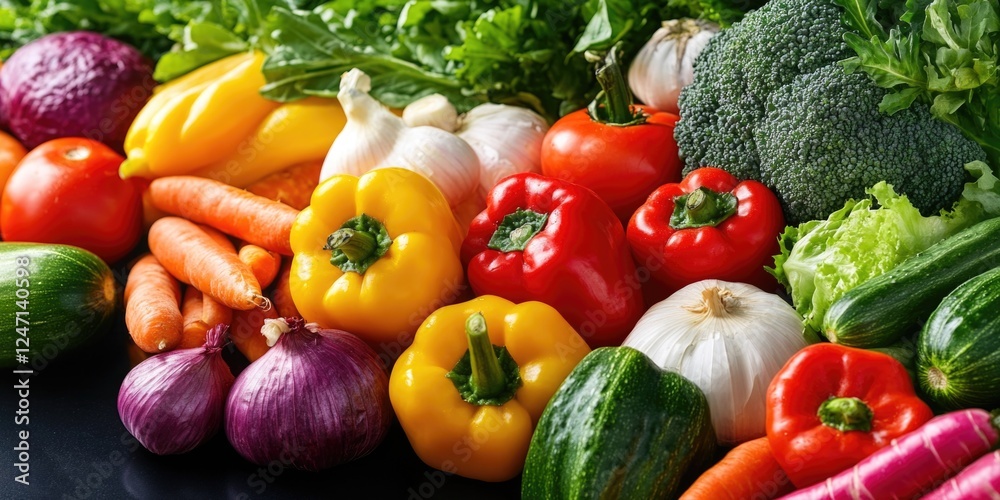 A variety of fresh and colorful vegetables, including bell peppers, carrots, tomatoes, broccoli, and squash. This salad represents a healthy and vibrant eating choice. A variety of fresh and colorful vegetables, including bell peppers, carrots, tomatoes, broccoli, and squash. This salad represents a healthy and vibrant eating choice.