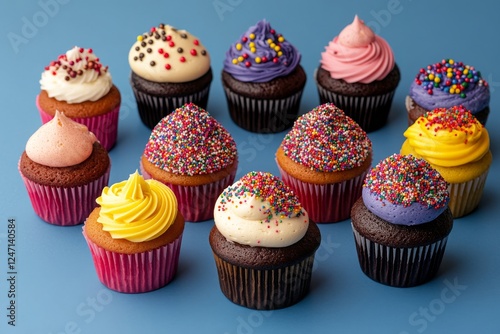 Delicious assortment of colorful cupcakes displayed on a blue background