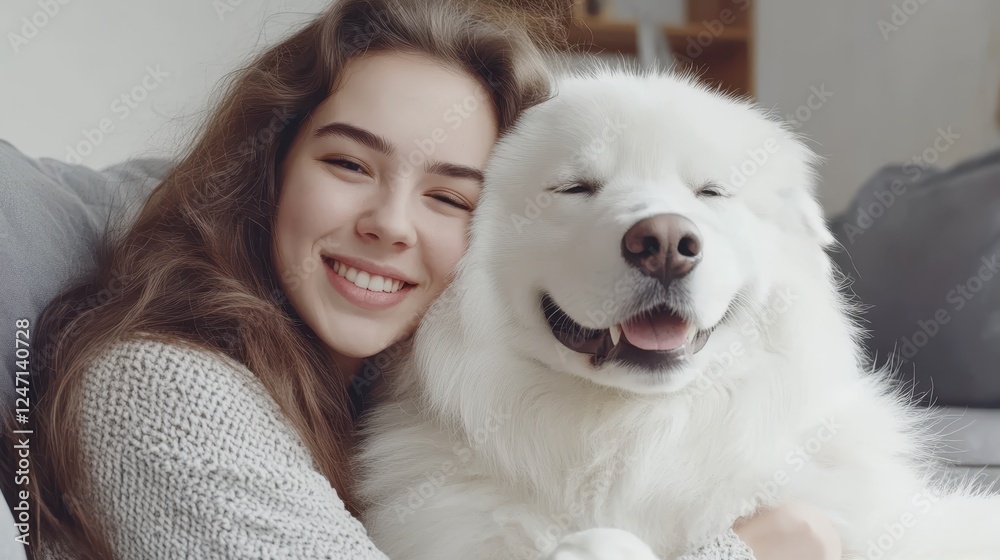 Smiling woman hugging fluffy white Samoyed dog on couch, cozy and warm indoor moment Smiling woman hugging fluffy white Samoyed dog on couch, cozy and warm indoor moment