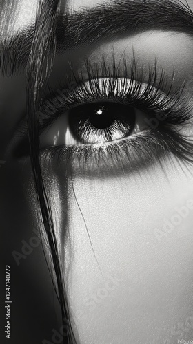 Close-up view of a woman's eye showcasing detailed eyelashes and deep gaze in...