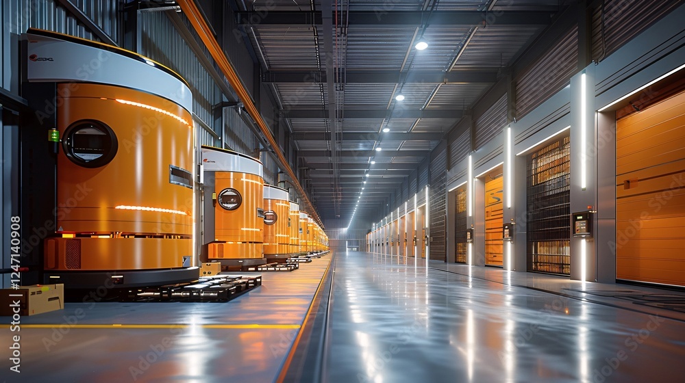 Fototapeta premium A logistics center with automated robotic arms sorting and moving boxes