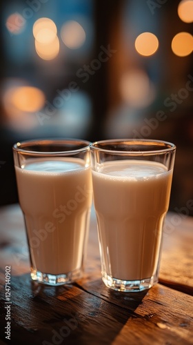 Two glasses of creamy beverage on a rustic wooden table in a cozy interior se...