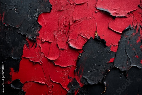 Abstract texture of cracked red and black surface with deep contrasts and int...