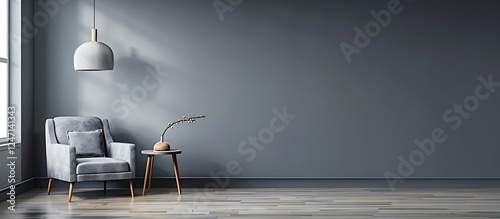 Wallpaper Mural Gray interior featuring armchair, side table, hanging lamp, and empty wall. Modern and minimalist style. Torontodigital.ca