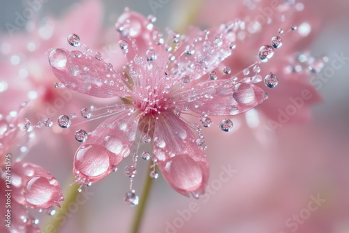 Close-up view of a pink flower covered in water droplets after rain