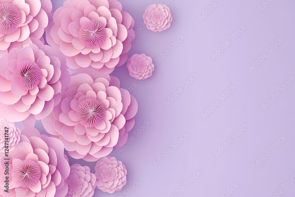 Abstract background with paper-cut flowers, in shades of pink and purple, 3D rendering. Vector illustration of a spring or summer floral composition for a greeting card, poster, or banner template Abstract background with paper-cut flowers, in shades of pink and purple, 3D rendering. Vector illustration of a spring or summer floral composition for a greeting card, poster, or banner template