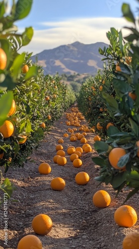 Fresh oranges hanging from branches in a vibrant grove during daylight hours