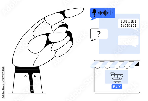 Robotic hand pointing at digital interface with speech bubble, binary codes, and shopping cart icon. Ideal for AI, automation, e-commerce, user interface design, technology, digital transformation