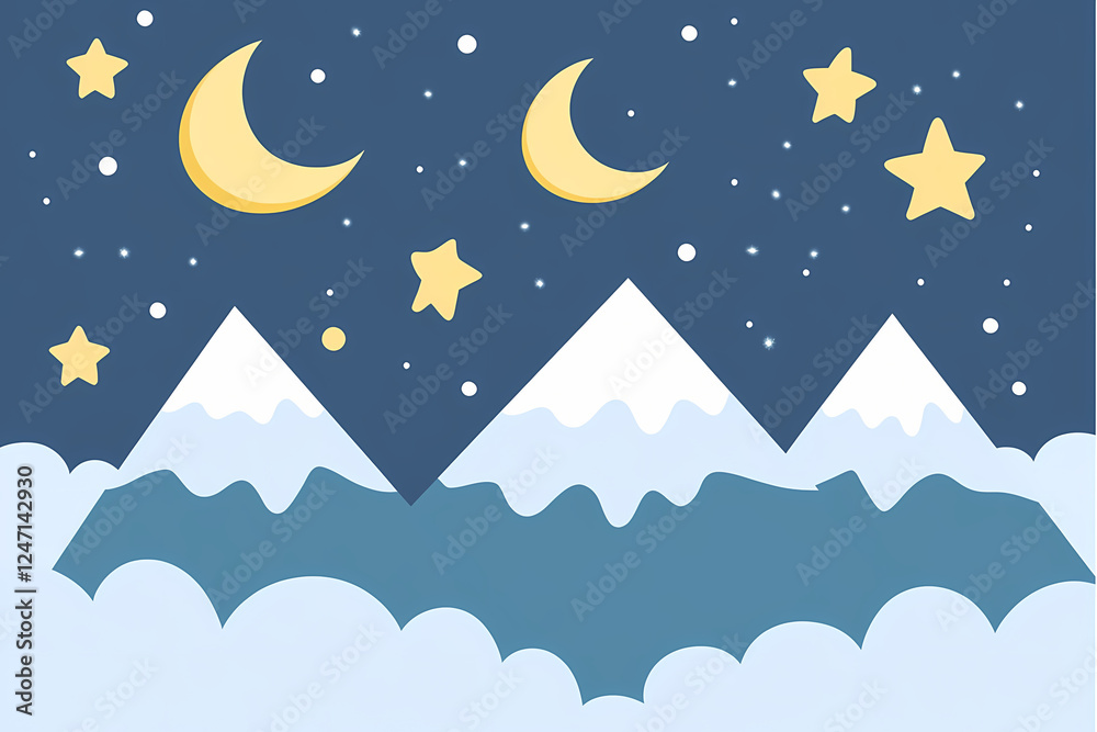 Obraz premium Starry night sky with moon and clouds over a mountainous landscape, vector illustration