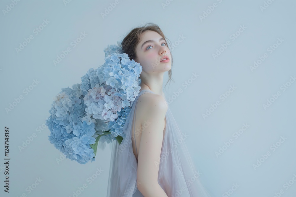 artistic beauty photo, young woman with flowers, soft blue tones, light background, elegant pose, calm expression, pastel styling, serene mood, studio fashion look
artistic beauty photo, young woman with flowers, soft blue tones, light background, elegant pose, calm expression, pastel styling, serene mood, studio fashion look