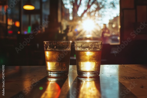 Glasses of chilled golden beverages sit on a reflective surface in a lively o...