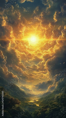 Breathtaking sunrise illuminates clouds from above during early morning fligh...