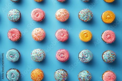 Delicious assortment of colorful cupcakes displayed on a blue background