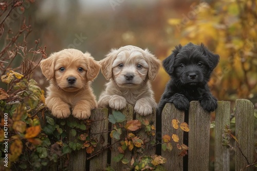 Three adorable puppies peeking over a wooden fence in a grassy backyard durin...