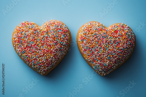 Heart-shaped cookies decorated with colorful sprinkles on a blue background