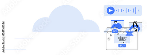 People browsing products on a tablet with cloud storage, shopping cart, and audio assistance. Ideal for e-commerce, cloud services, digital assistant, online shopping, tech innovation, web services