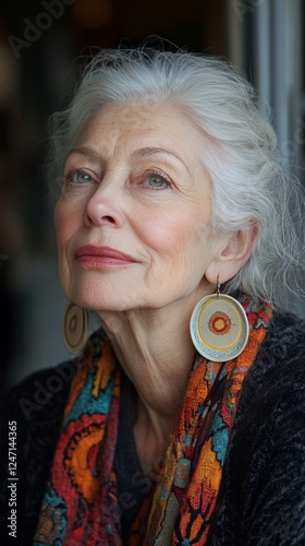 Mature woman with elegant hairstyle and earrings poses against neutral backgr...