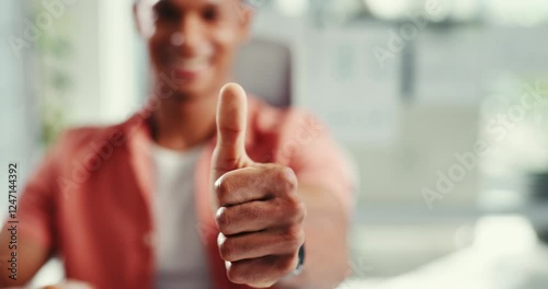 Thumb up, gesture and person with opinion, office and hand for vote, review and sign for agreement. Yes, approval and communication with finger, creative and ok to promotion, symbol and accept