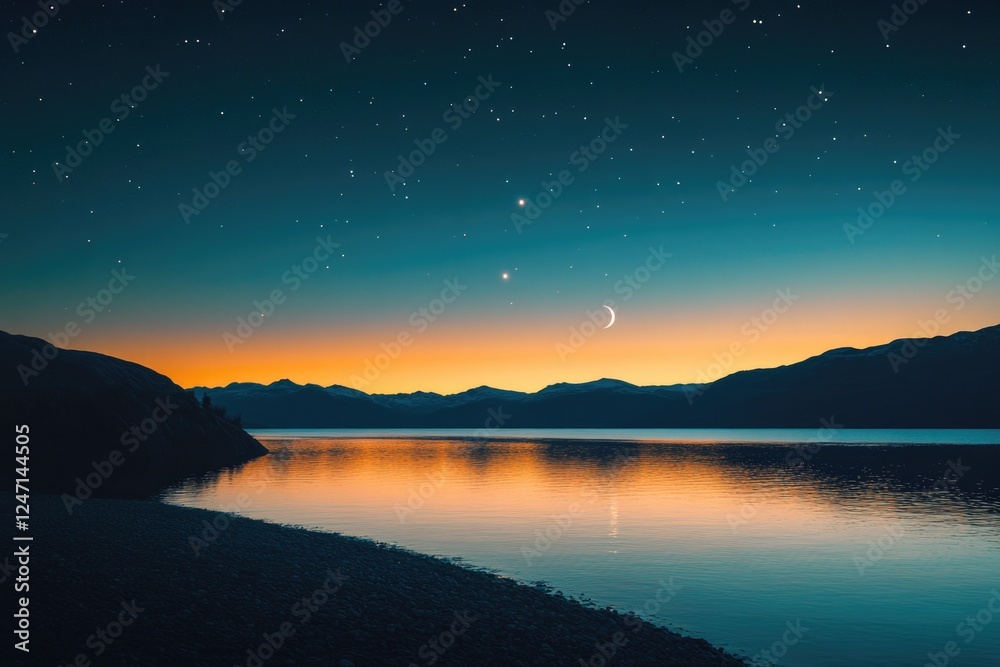Fototapeta premium A tranquil scene of a starlit lake at dusk, with reflections dancing on the water's surface. Mountains rise in the background against a vibrant night sky.