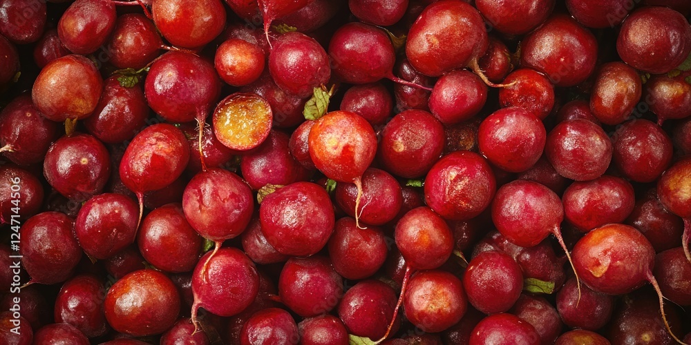 A bunch of red fruit with a few green leaves on top. The fruit is ripe and ready to eat A bunch of red fruit with a few green leaves on top. The fruit is ripe and ready to eat