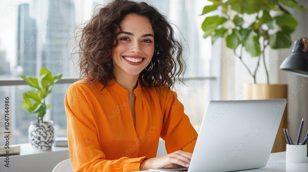 Smiling woman in orange blouse working on laptop at modern workspace with city view and plants Smiling woman in orange blouse working on laptop at modern workspace with city view and plants