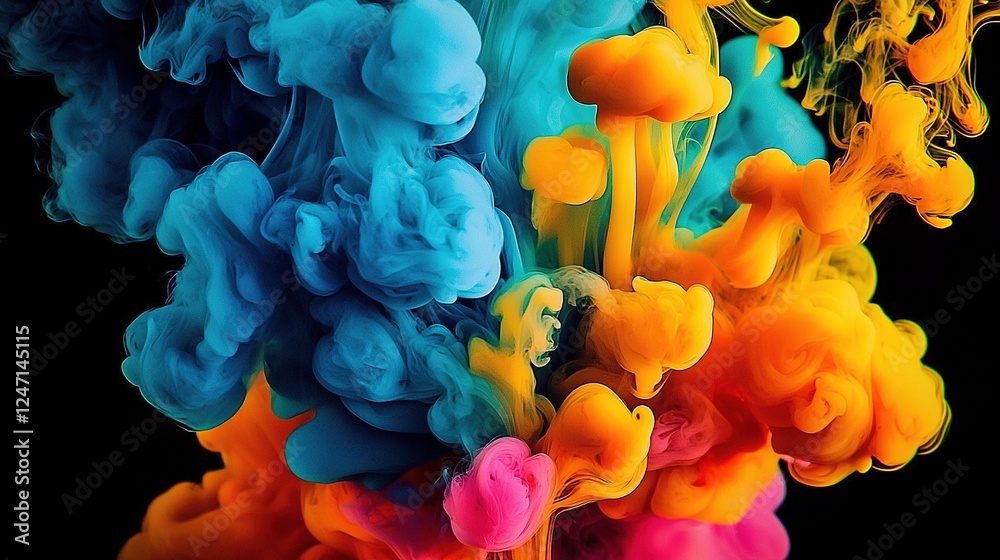 Obraz premium Paint Ink drop in water, Motion color explosion smoke, fluid splash on black background. Generative Ai