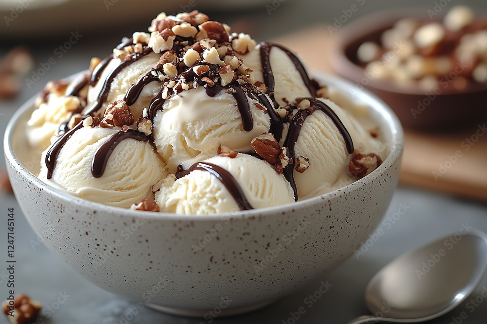 Delicious vanilla ice cream with rich chocolate sauce and crunchy nuts a perfect sweet treat for any occasion Decadent and satisfying! Delicious vanilla ice cream with rich chocolate sauce and crunchy nuts a perfect sweet treat for any occasion Decadent and satisfying!