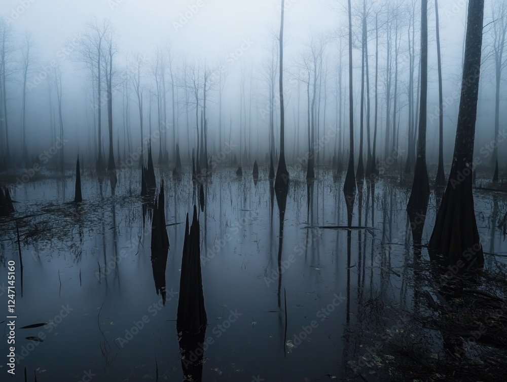 Foggy evening in a misty swamp. Silhouettes of trees and their reflections on the still water.