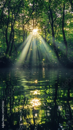 Sunlight filters through trees illuminating a tranquil forest lake at dawn