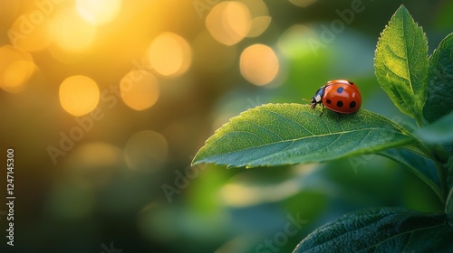 Ladybug resting on green leaf under warm sunlight in a serene garden setting