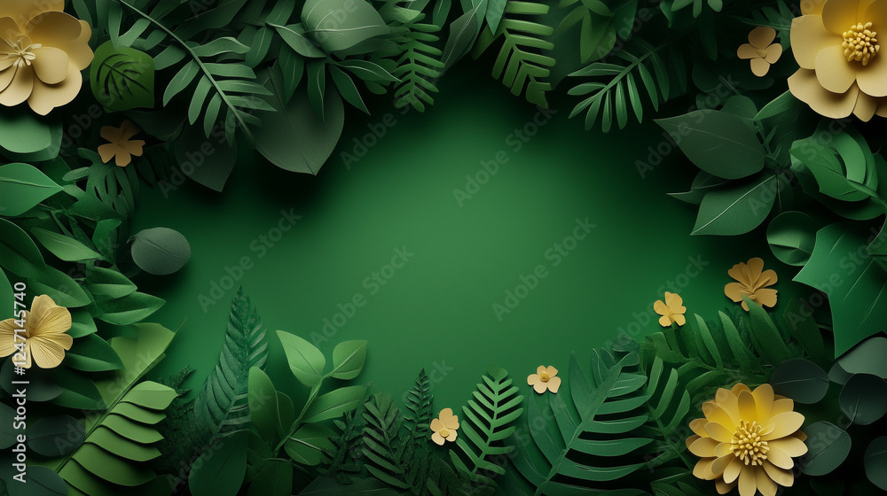 Fototapeta premium golden frame with green leaves