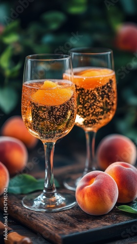 Refreshing peach sparkling drinks with slices in elegant glasses on wooden table