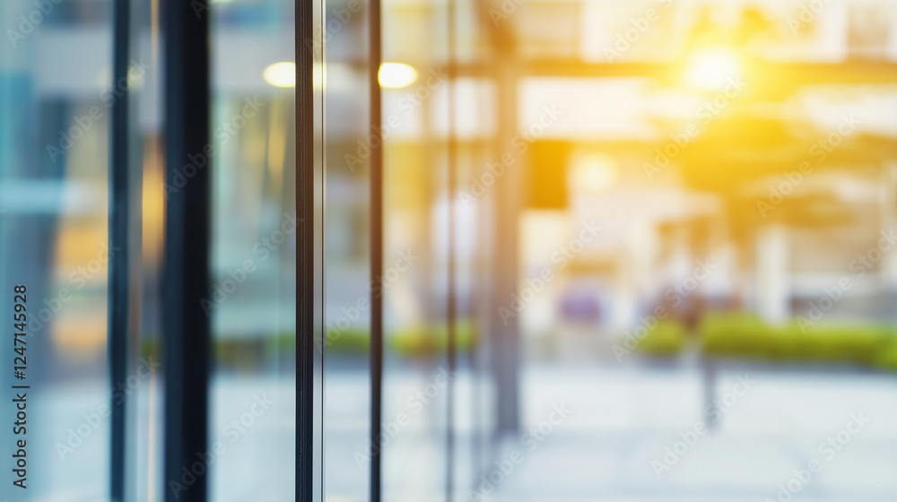 wide windows of a modern office building, view from the street, blurred city lights on soft daylight background wide windows of a modern office building, view from the street, blurred city lights on soft daylight background
